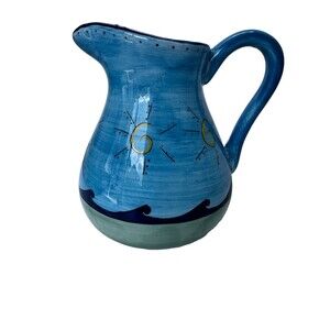 Hand-painted Ceramic  Pitcher Ocean Life Beach Nautical Waves 52 oz 6.5 cup